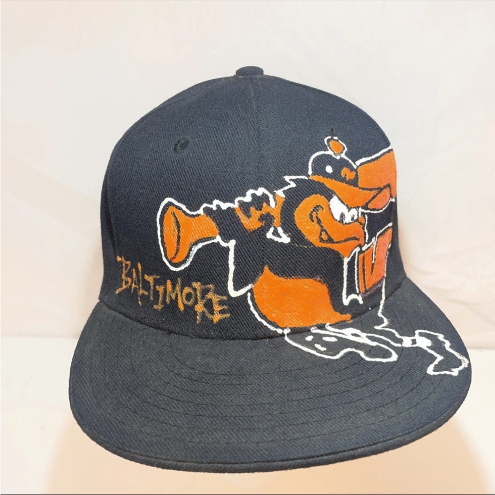 hand painted black orioles baseball hat size 7 3/8
